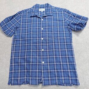 Knickerbocker Mfg Shirt Medium Blue Plaid Short Sleeve Loop Collar Cotton Linen